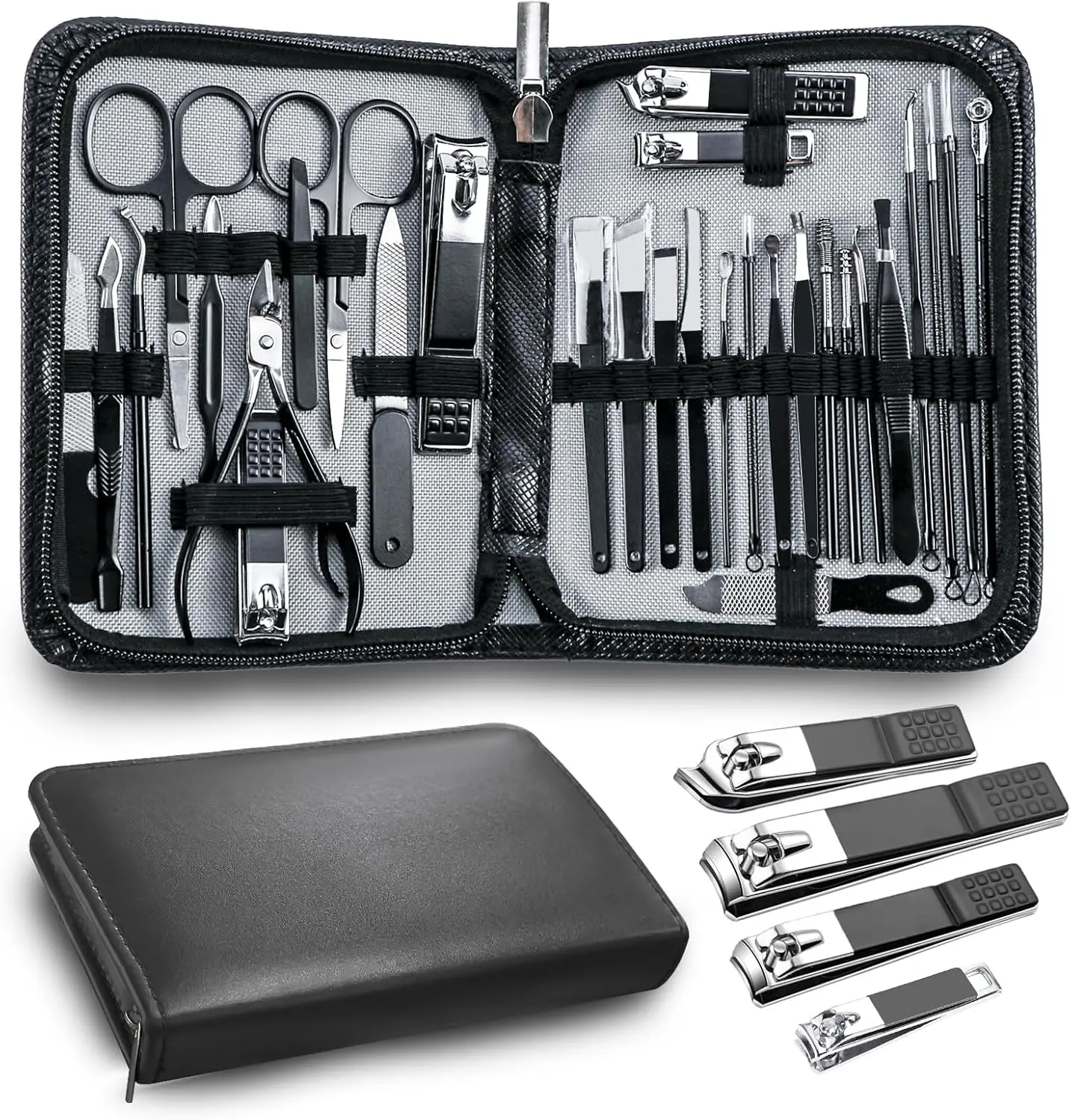 

30-Piece Complete Nail Care Kit for Men - Stainless Steel Manicure and Pedicure Set with Travel Case (Black)