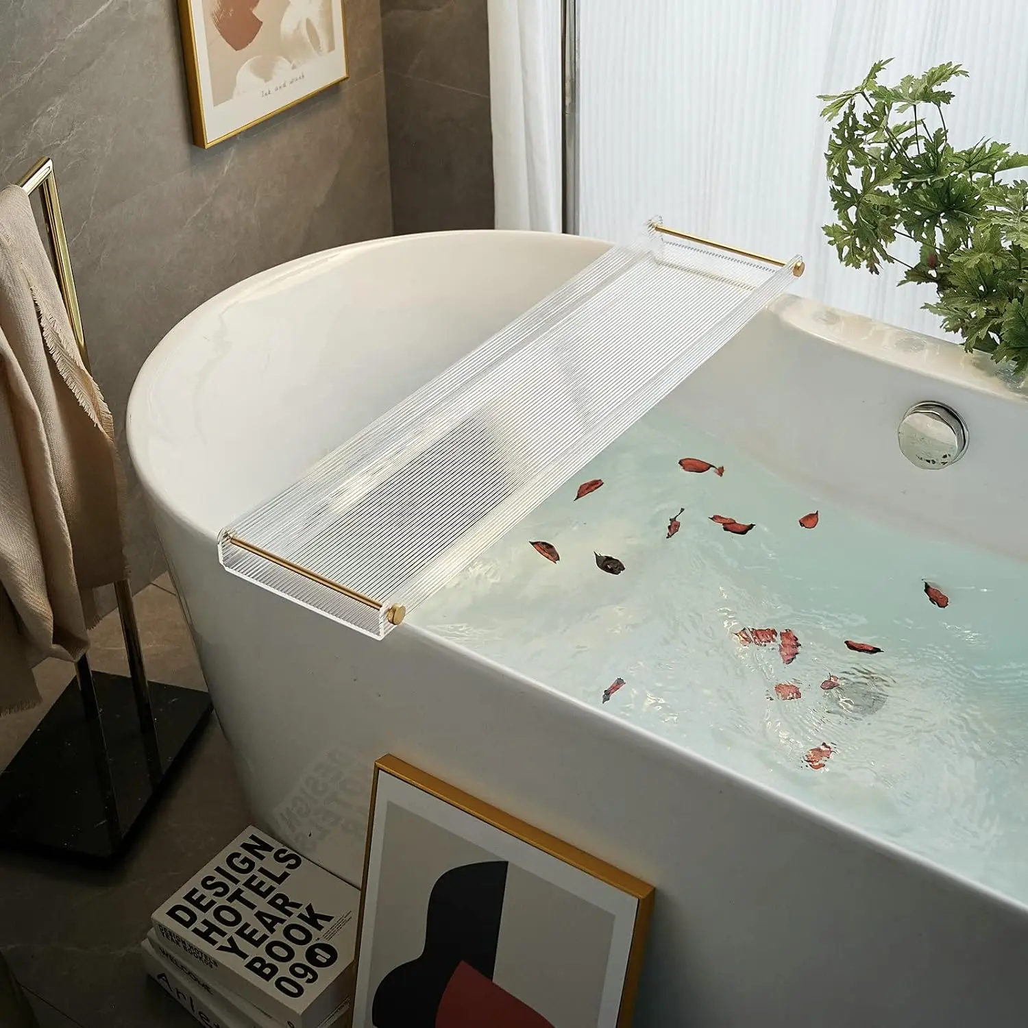 

Polished Acrylic Bathtub Tray Gold Brushed Handle Non-Slip Bath Tub Tray Table Shower Caddy Corner Bathtub Caddy For Hotel