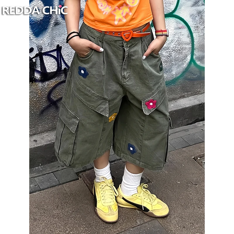 

ReddaChic Summer Cargo Pockets Baggy Jorts for Women Denim Embroidery Floral Wide Leg Bermuda Pants Hip Hop Vintage Streetwear