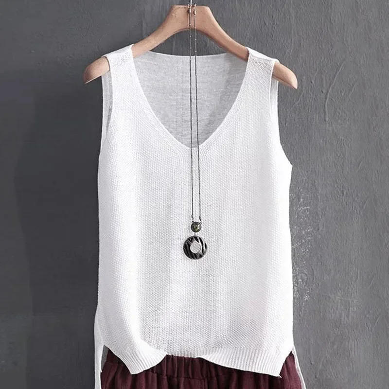 Blusas Mujer De Moda 2024Blouse Women Summer Sleeveless Knitted Blouse Shirt Women Clothes V-neck Blouse Women Tops Shirts