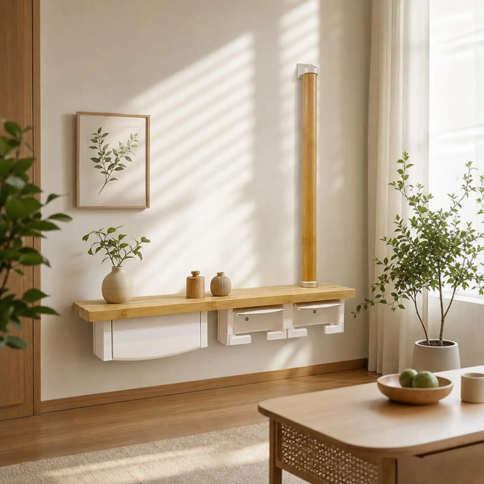 Bathroom Organizer with Toilet Paper Holder Bamboo Shelf and Support Rail Wall Hanging Tissue Dispenser for Elderly Safe Use