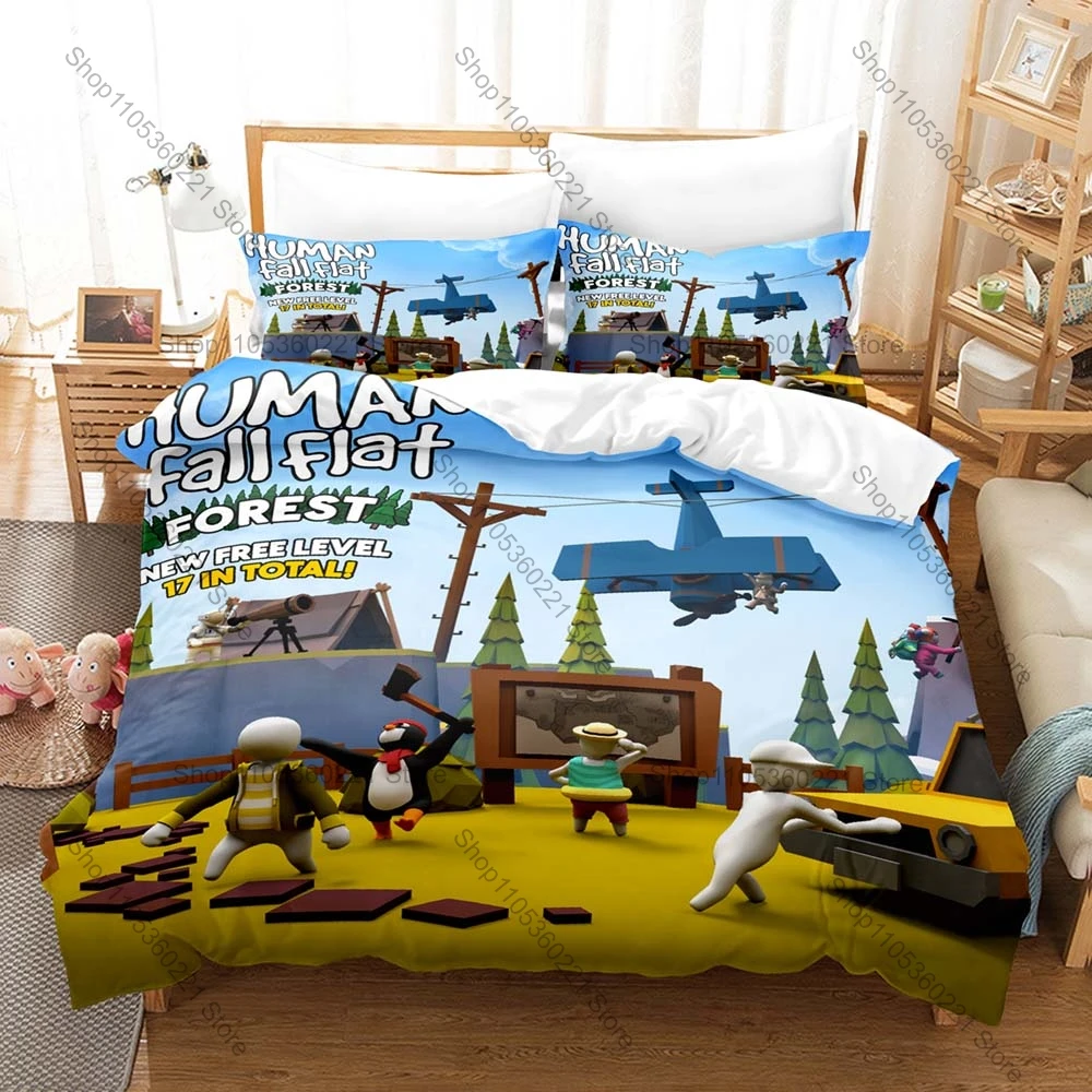 Cool Human Fall Flat Bedding Set Duvet Cover + 2 Pillowcases Wobbly Meme Character Funny Game Bedroom Decor