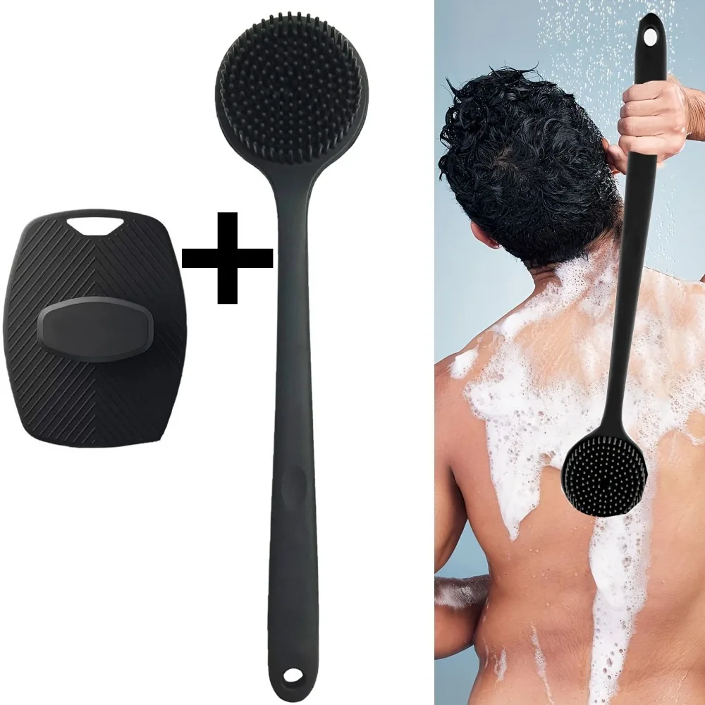 

2 шт., набор силиконовых щеток для ванны и душа, двухсторонняя длинная ручка, нежная отшелушивающая щетка для тела, ручка с мягкой щетиной, глубокое очищение