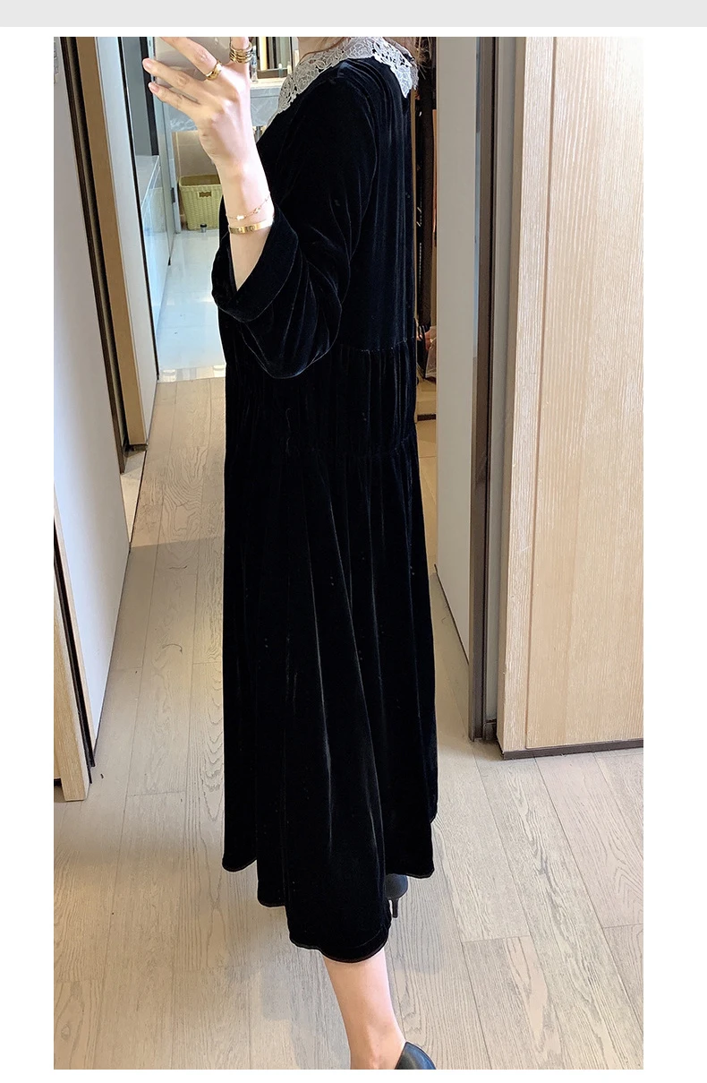 Silk Velvet Dress for Ladies - Elegant Dress with Lace Trim, High-end and Luxurious, Smooth, Bright, Soft and Skin-friendly.