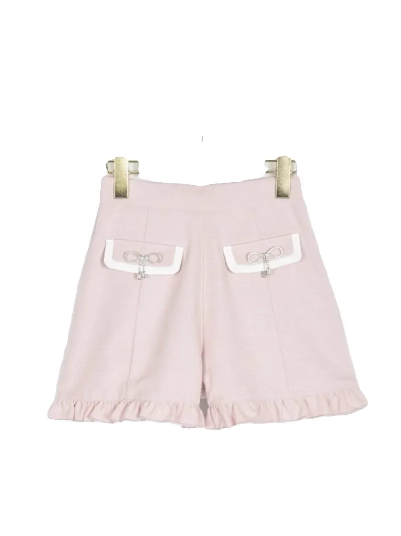 Japanese Rojita Style Cute Rhinestone Bow Wooden Ear A-line Short Pants High Waist Slimming Casual All-Matching Shorts 4 Colors