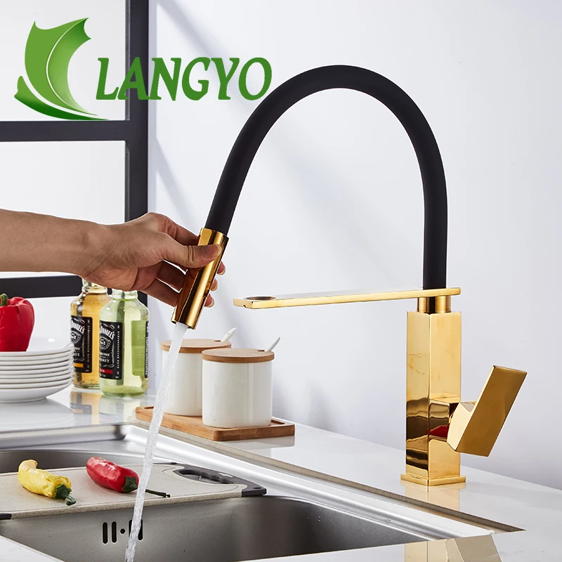 

LANGYO Kitchen Sink Faucets Black Gold Pull Down Swivel Spout Basin Taps Cold Hot Solid Brass Faucet For Sink