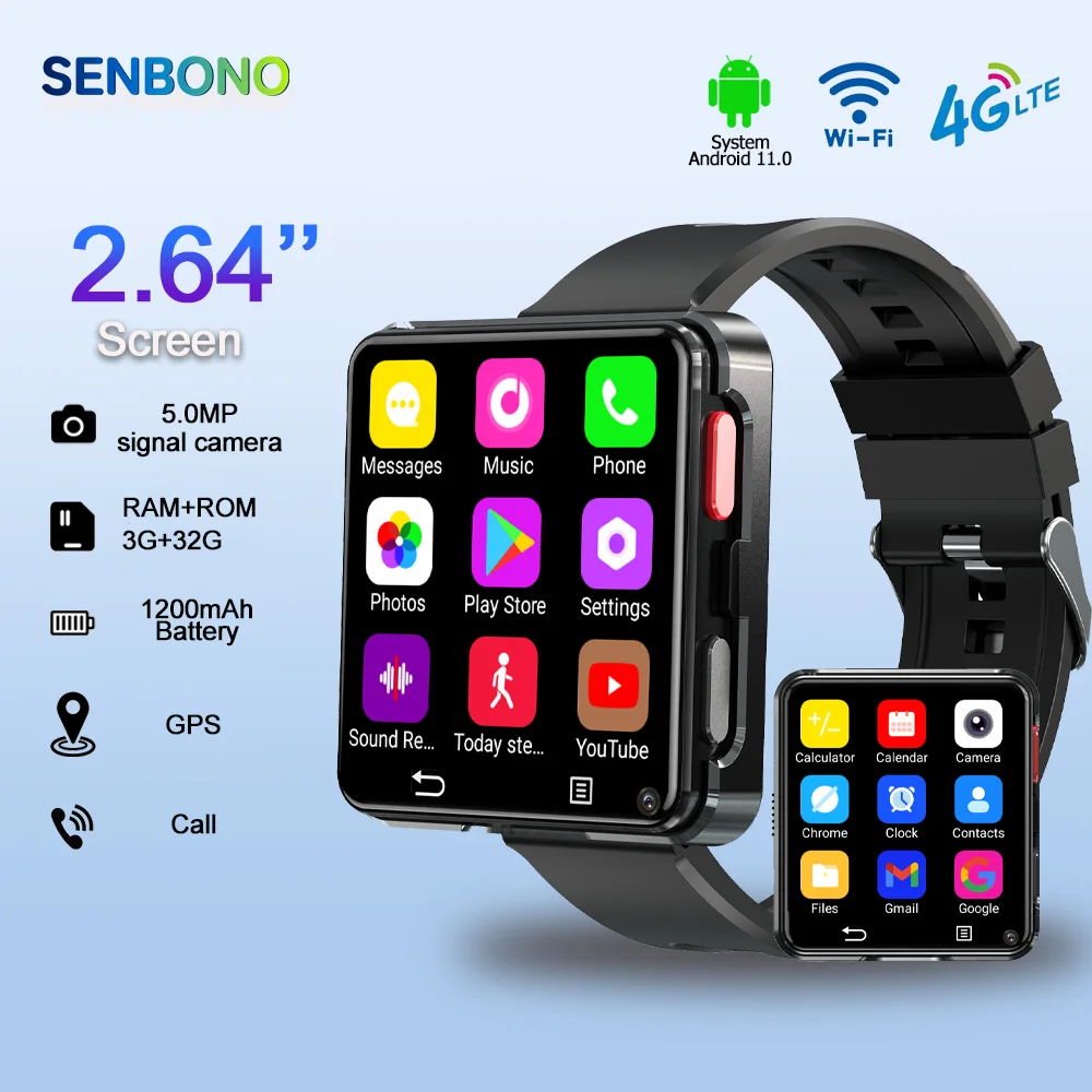 S998 4G Smart Watch Android 11.0 OS Smartwatch 2.64 inch Large Screen 480*480 MTK6739 500W Dual Camera 1200mAH Battery Wifi GPS