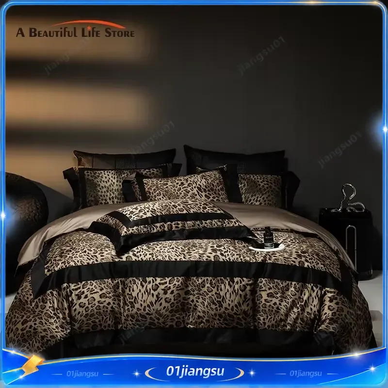 1000TC Egyptian Cotton Leopard Print Bedding Set Queen King Size Luxury Duvet Cover Flat Fitted Sheet Pillowcases Home