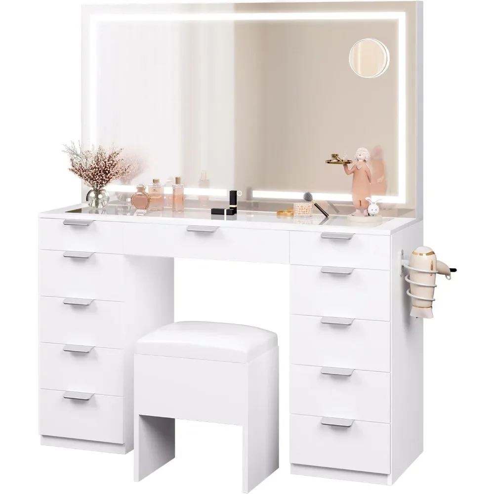 Vanity Desk Set with Large LED Lighted Mirror & Power Outlet, Glass Top Vanity with 11 Drawers and Magnifying Glass, 46