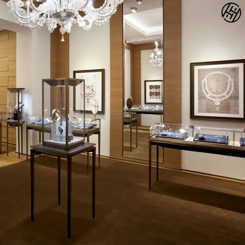 custom.Luxury Jewelry Shop Interior Design Stainless Steel Glass Display Jewelry Cabinet Customized Jewelry Display Showcase
