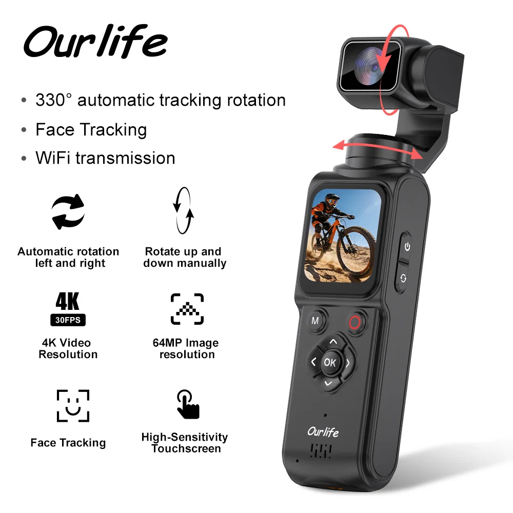 Ourlife M105 Actionkamera 330 °   Gesichtsverfolgungs-Gimbal-Stabilisator 1,72 Zoll Touchscreen 4K 64MP Taschen-Digitalkamera WLAN-Kamera