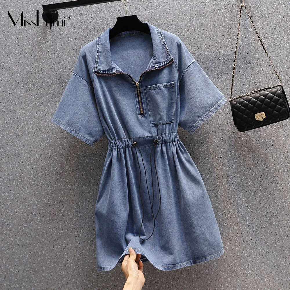

L-4XL Big Size Women Summer Denim Dress 2022 Zipper Turn-down Collar Short Sleeve Loose DrawString Slim Waist Short Dress Female