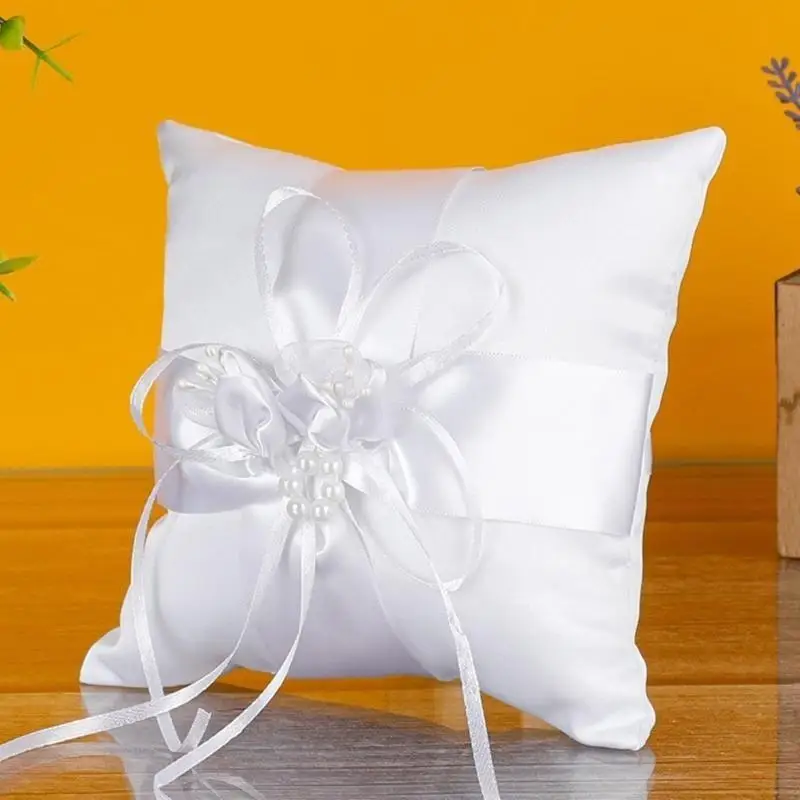 P9FE Wedding Pearls Rings Pillow for Wedding Parties and Celebrations Exquisite Wedding Rings Bearer Pillow Cushion Bows