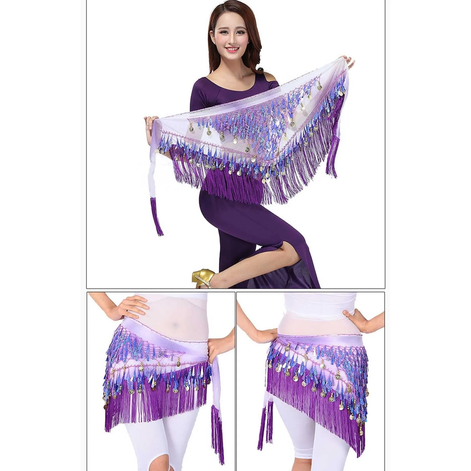 ผู้หญิงเซ็กซี่ Belly Dance สะโพกกระโปรงผ้าพันคอเข็มขัด Glitter Sequins พู่สะโพกผ้าพันคอกระโปรงเต้นรําอุปกรณ์เสริมเครื่องแต่งกาย