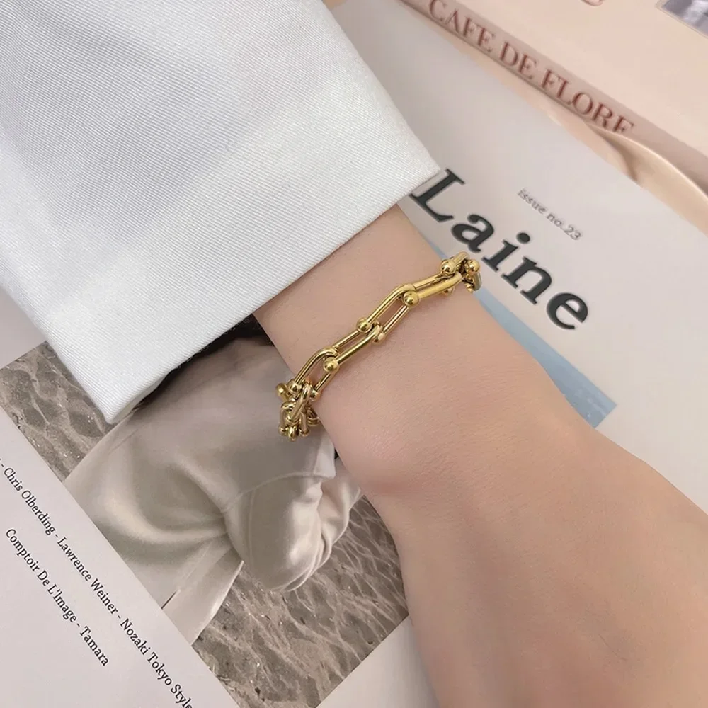 Charm U Shape Splice Gold Color Stainless Steel Bracelet for Women Temperament Cuban Chokers Jewelry Accessories Gift Colorfast