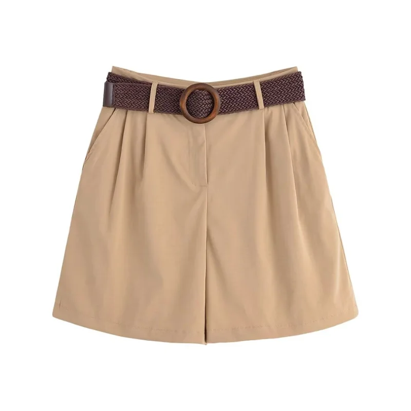 LIBIELIY Summer New Women's Casual Holiday Style Fashion With Belt Loose Version Pleat Five Points Casual Shorts