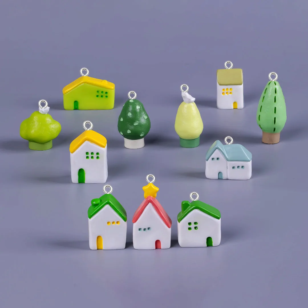 

10 шт., имитация микропейзажа, сказочный город, кулон из смолы, сделай сам, ручная работа, дом, дерево, ювелирные аксессуары, изготовление брелка