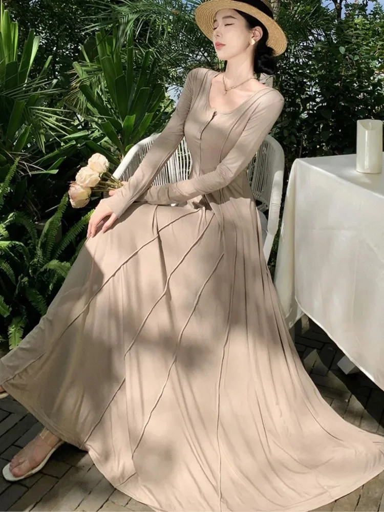 Elegant Casual ถักชุดผู้หญิงแขนยาวชุดราตรี Slim A-Line Dress One Piece Femme แฟชั่น Vestido Robe