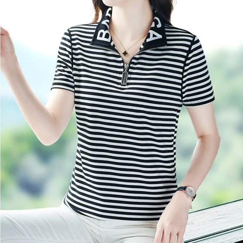 Women's Summer Striped Letter Stand Collar Contrast Color Zipper Pullover T-shirt Short Sleeve Screw Thread All-match Tops