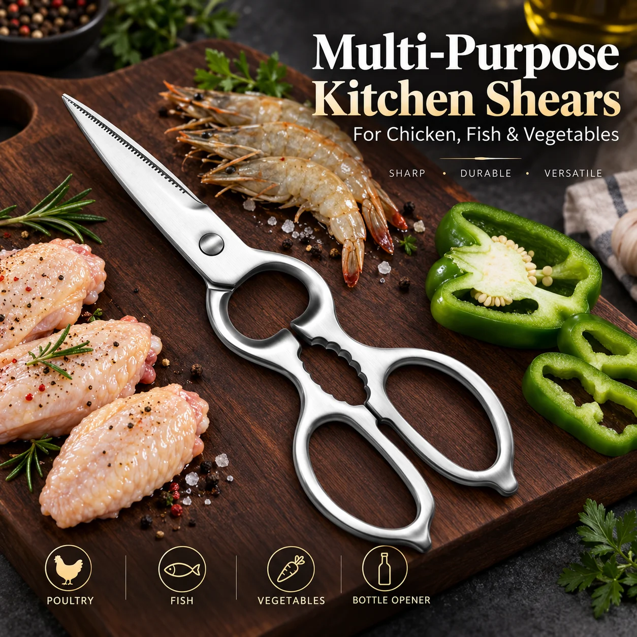 Detachable Kitchen Scissors Heavy Duty, Full Steel Rustproof Multi-Purpose Shears, Fish Killing and Chicken Bone Cutting Tool