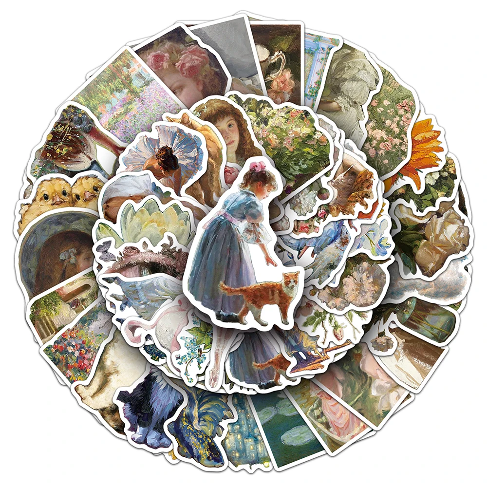 

10/30/50pcs Vintage Aesthetic Oil Painting Art Stickers Animals Flower Graffiti Decals Scrapbooking Luggage Phone Guitar Sticker
