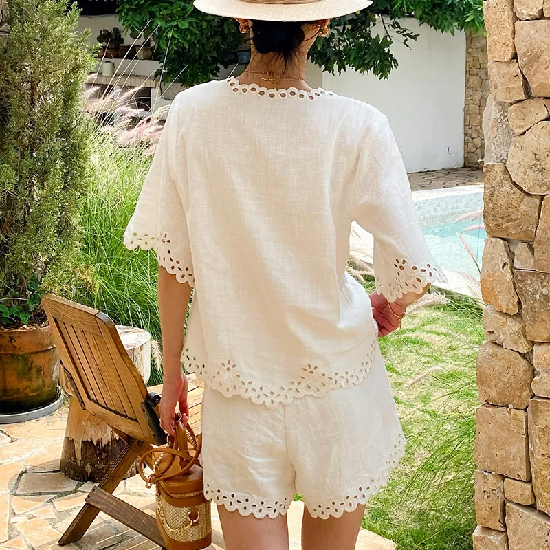 Summer White Linen Blouse Shirt Women Hollow Out Lace Embroidery V Neck Loose Short Sleeve Elegant French Casual Ladies Tops New - view 6