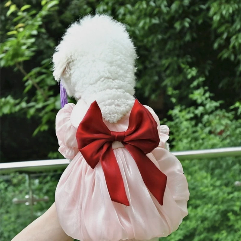 Dog Dress Summer Chiffon Bow Dress Pearl Collar Short Sleeve Dress with Shimmering Fabric Pet Fashion Accessory L58742