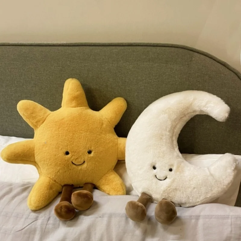 Adorable Smile Face White Moon Yellow Sun Plushie Stuffed Cute Cartoon Weather Plush Toy for Kid Bedroom Decor Sofa Throw Pillow