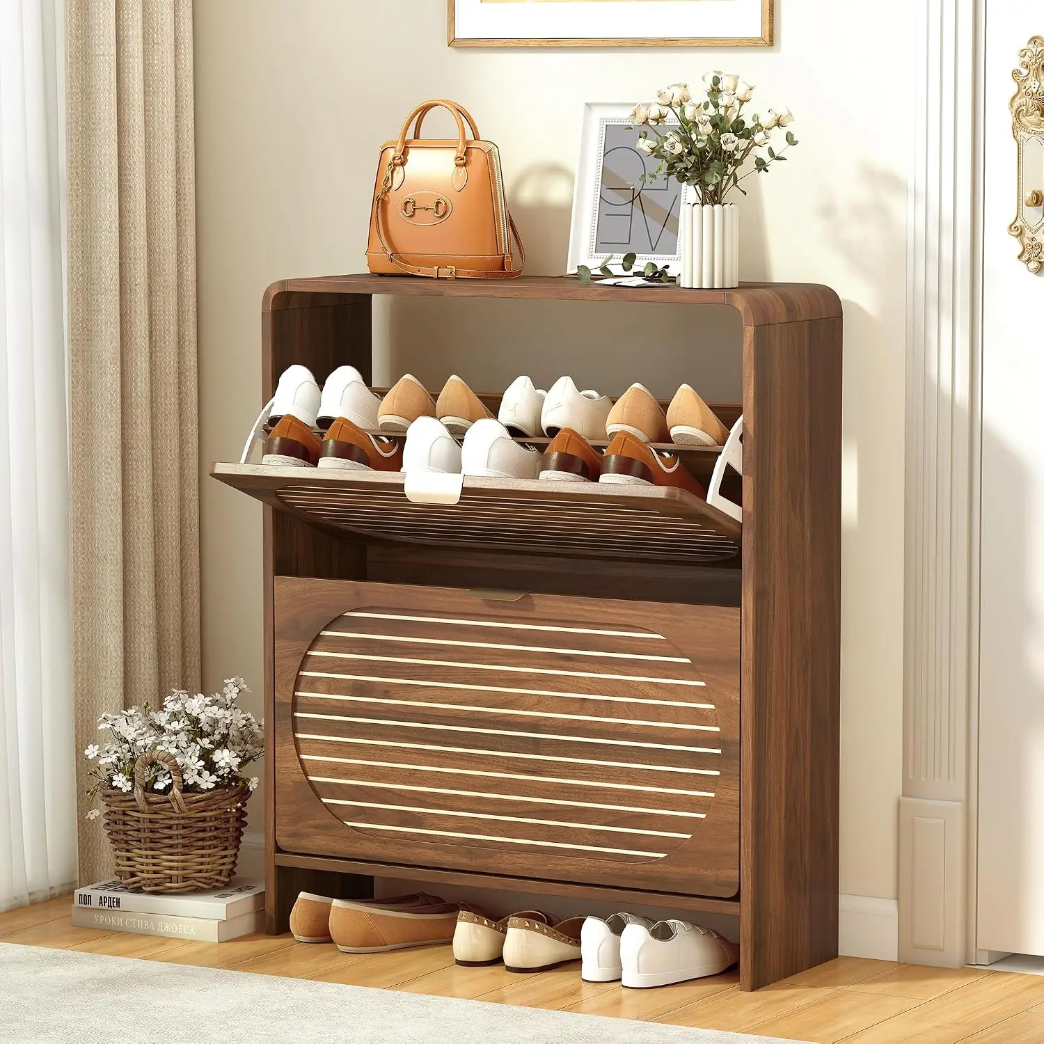 Narrow Shoe Cabinet 2 Flip Drawers, Curved Wood Arched Panel Freestanding Organizer Entryway Hallway, Walnut, Customized