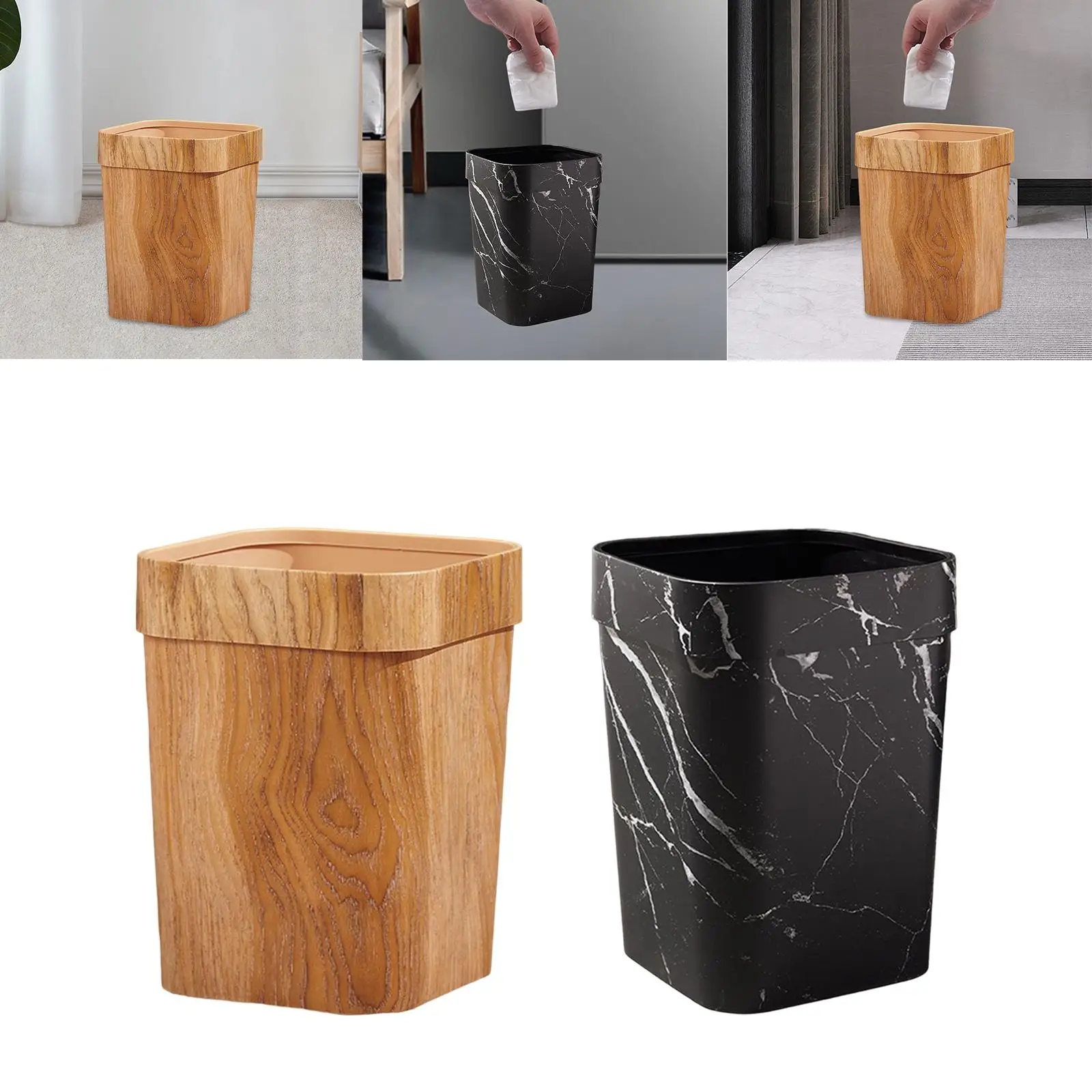 Rectangle Wood Grain Trash Can Anti Skid Garbage Basket for Indoor Room Dorm