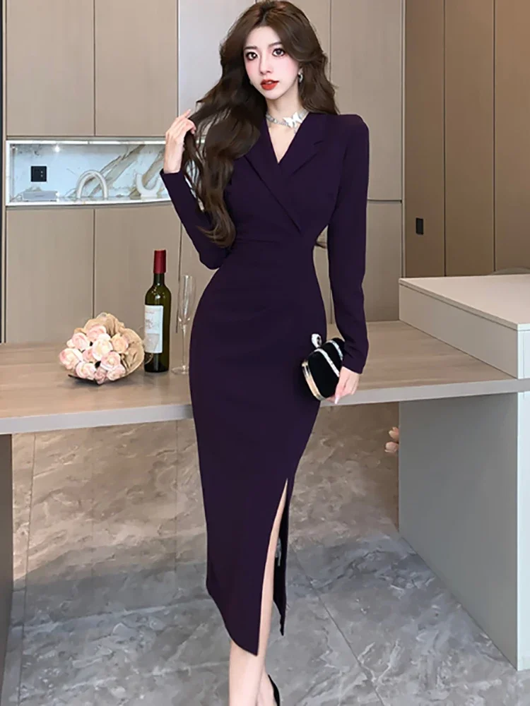 navy blue dress for baby girl Women Pink Pleated Bodycon Formal Long Dress Autumn Winter Long Sleeve Chic  Suit Dress 2026 Korean Fashion Elegant Party Dresses