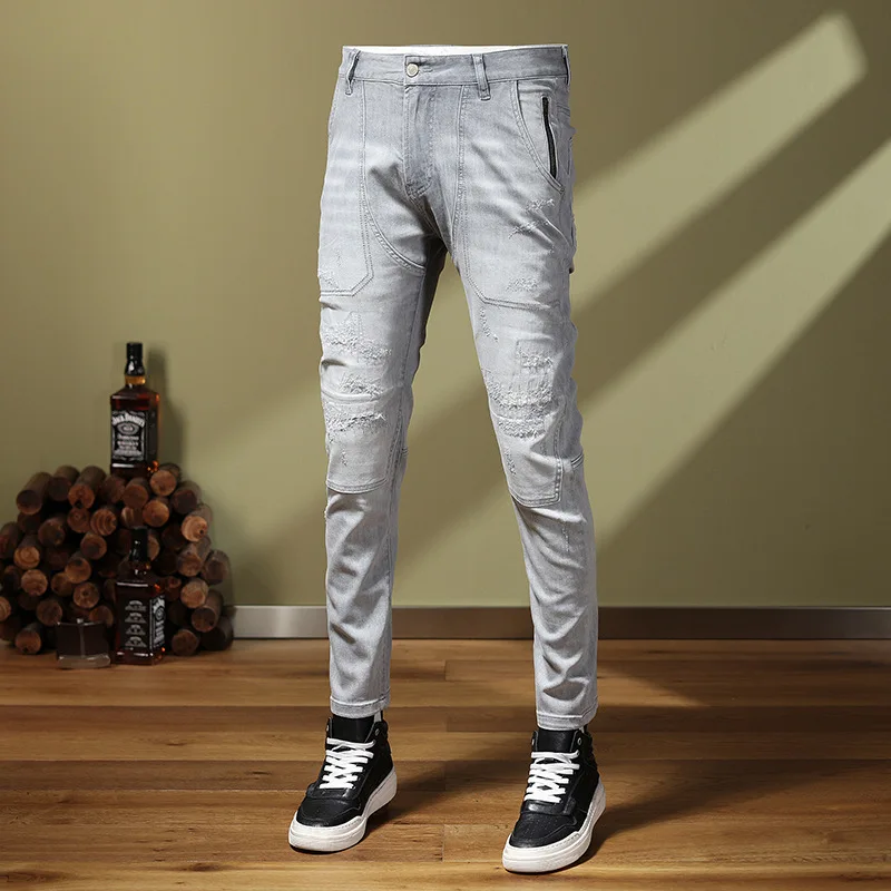 Jeans jeans stretch casual masculino, calça rasgada slim fit, calça fina de verão, jeans masculino, na moda