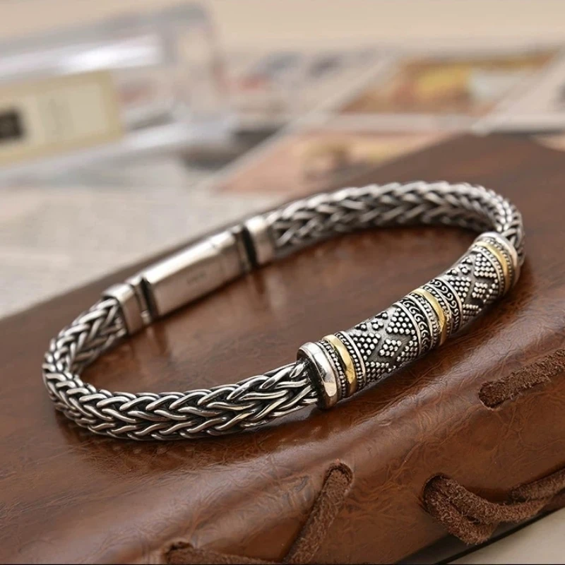 

925 Sterling Silver 5.5MM Braided Carved Statement Bracelets For Men Trendy Heavy Lucky Bracelet Gift For Him 18/19/20/21/22CM