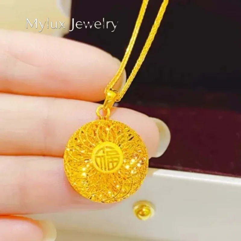 Mylux Jewelry Premium 9999 women's gold necklace, life blessing 24k real gold hollow silk round pendant, perfect giftAU750