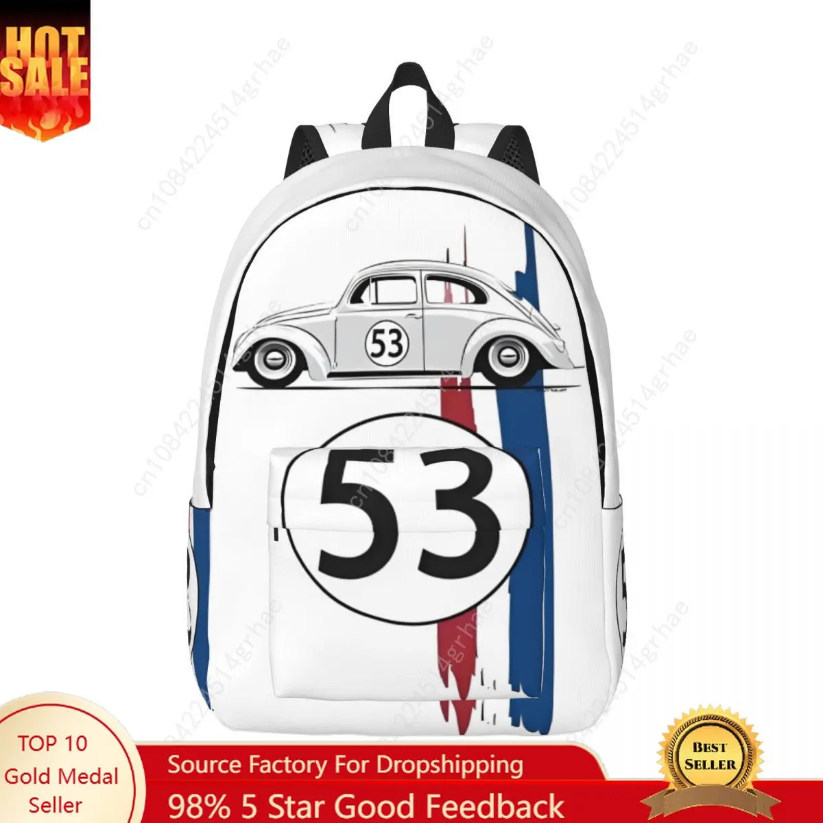 Herbie Number 53 Backpack for Men Women Teenage School Hiking Travel Daypack Race Car Stripe College Shoulder Bag with Pocket