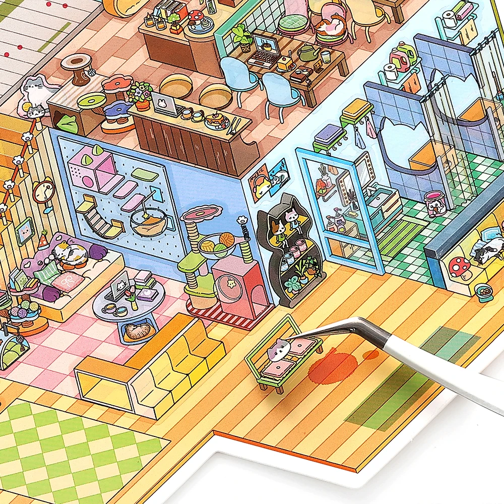 Kawaii Daily office routine 3D DIY Landscape Sticker Pocket Cabin Scene Stacking Pasting Festival Birthday Gift for Kid Child ﻿
