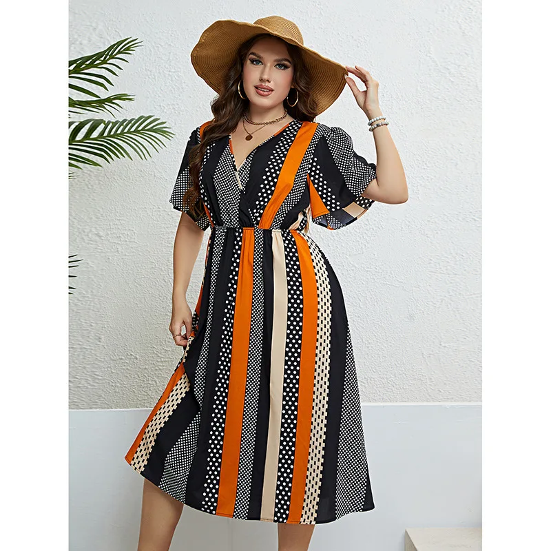 Kolorowe sukienki w dużych rozmiarach Moda damska V-Neck Sukienka biurowa Lady Casual Wygodna odzież uliczna Wiosna Lato