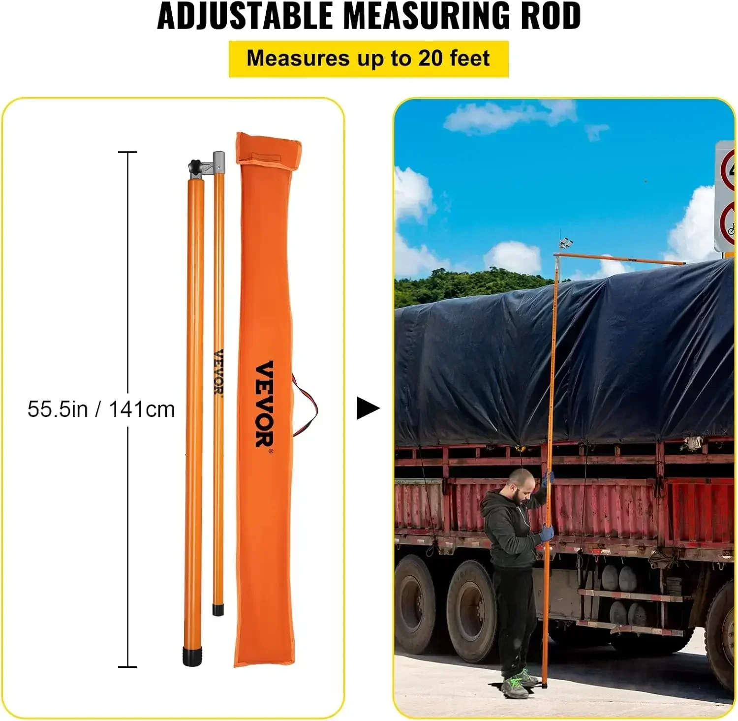 

[XMSJ]Load Height Measuring Stick, 20' Sturdy Fiberglass Truck Height Stick with Adjustable Pole