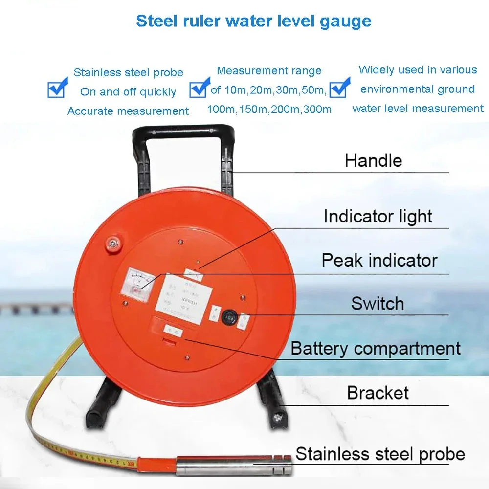 Hot Selling 30m 50m 150m 300m 500m Steel Sounder Alarm Ruler Ground Water Level  Depth  Meter with 