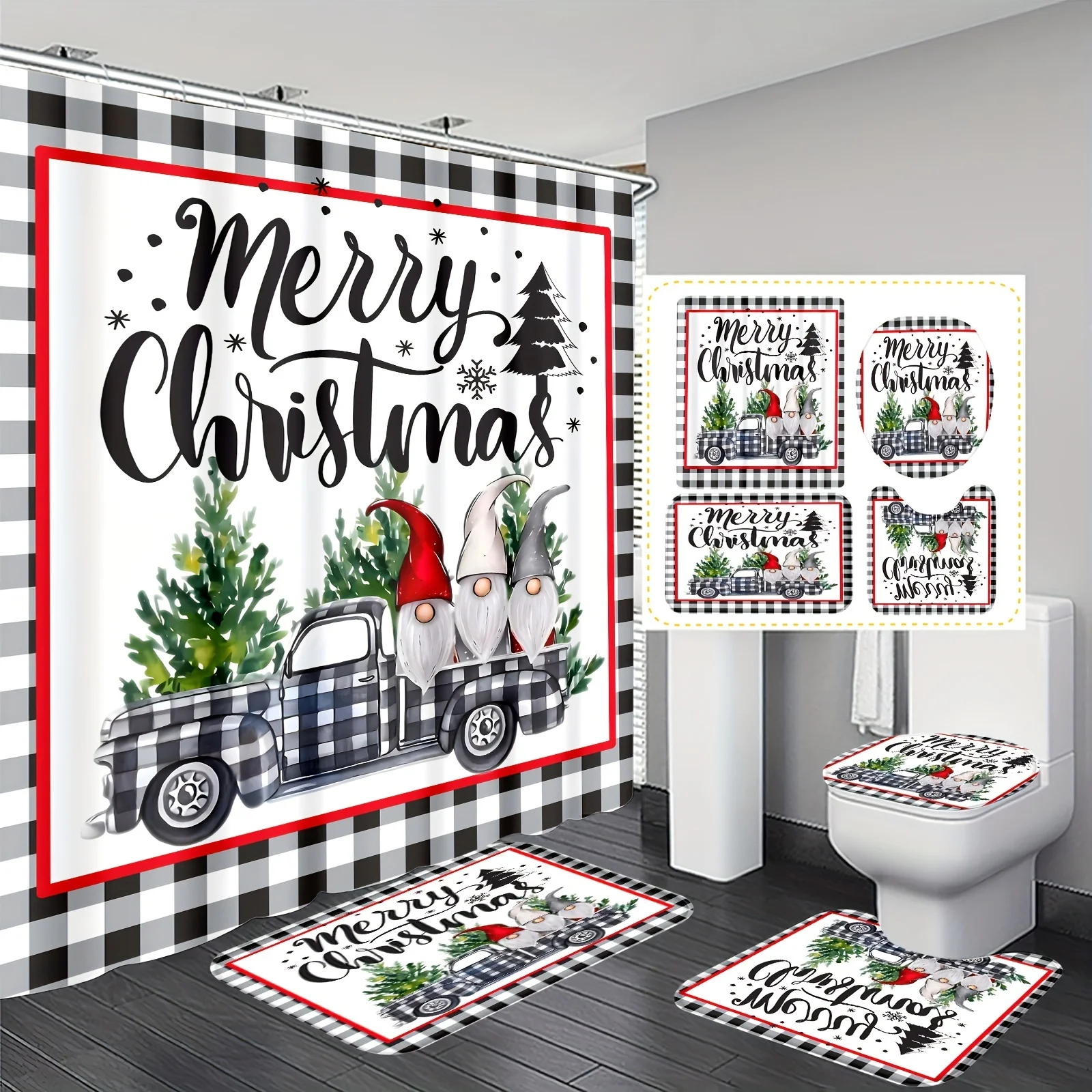 4PCS Christmas Plaid Truck Gnome Shower Set – Polyester Insulated Curtain 12 Hooks U-Mat Round Seat Cover Holiday Decor