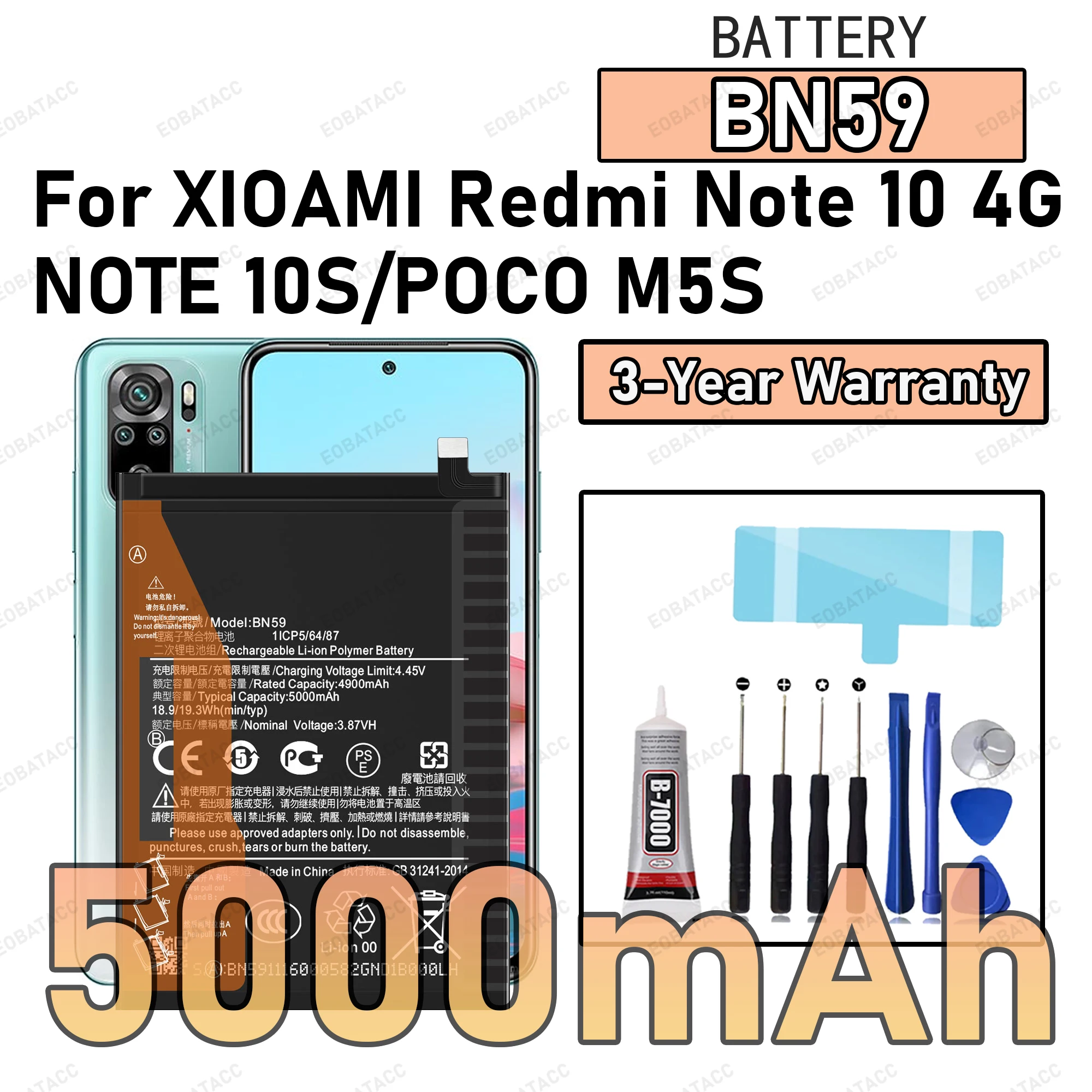 

100% New Zero Cycle BN59 Battery For XIAOMI Redmi Note 10 4G/Note 10S/POCO M5S Phone Replacement Bateria +Free Tools