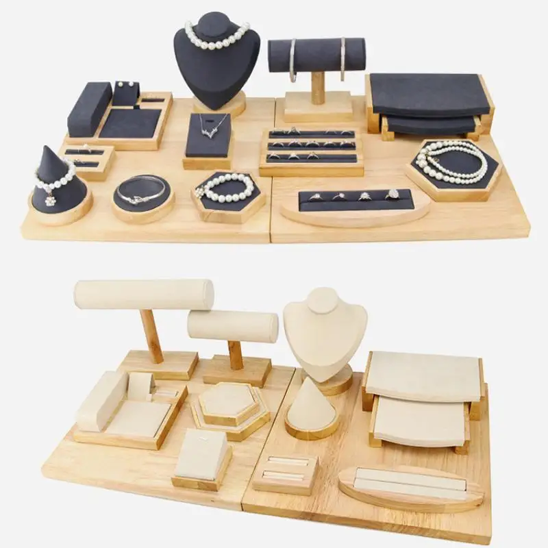 

Подставка для ювелирных изделий из бамбукового дерева и микрофибры, витрина для колец, Кулонов, подвесок, цепочек, портретная модель