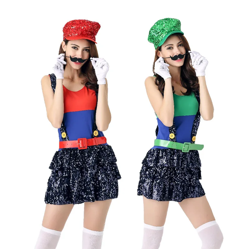 Disfraz de Personaje de Super Mario Luigi para Mujer, Top sin Mangas, Falda con Tirantes de Lentejuelas, Disfraz para Fiesta de Carnaval, Juego de Roles