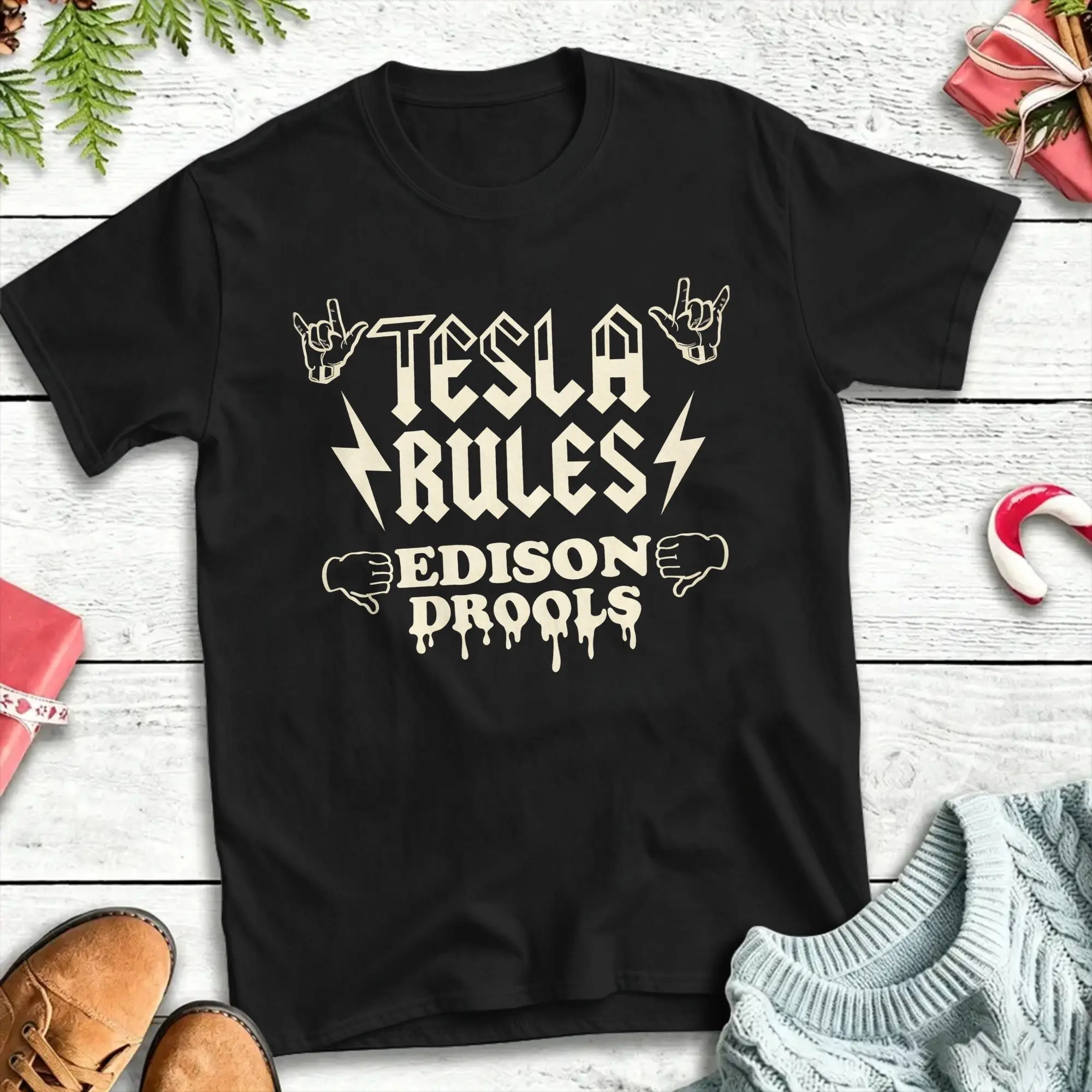 Summer Tesla Rules Edison Drools Trendy Cool T Shirts  Cotton Tshirt for Men Y2K Funny Custom Logo Short Sleeve Tops