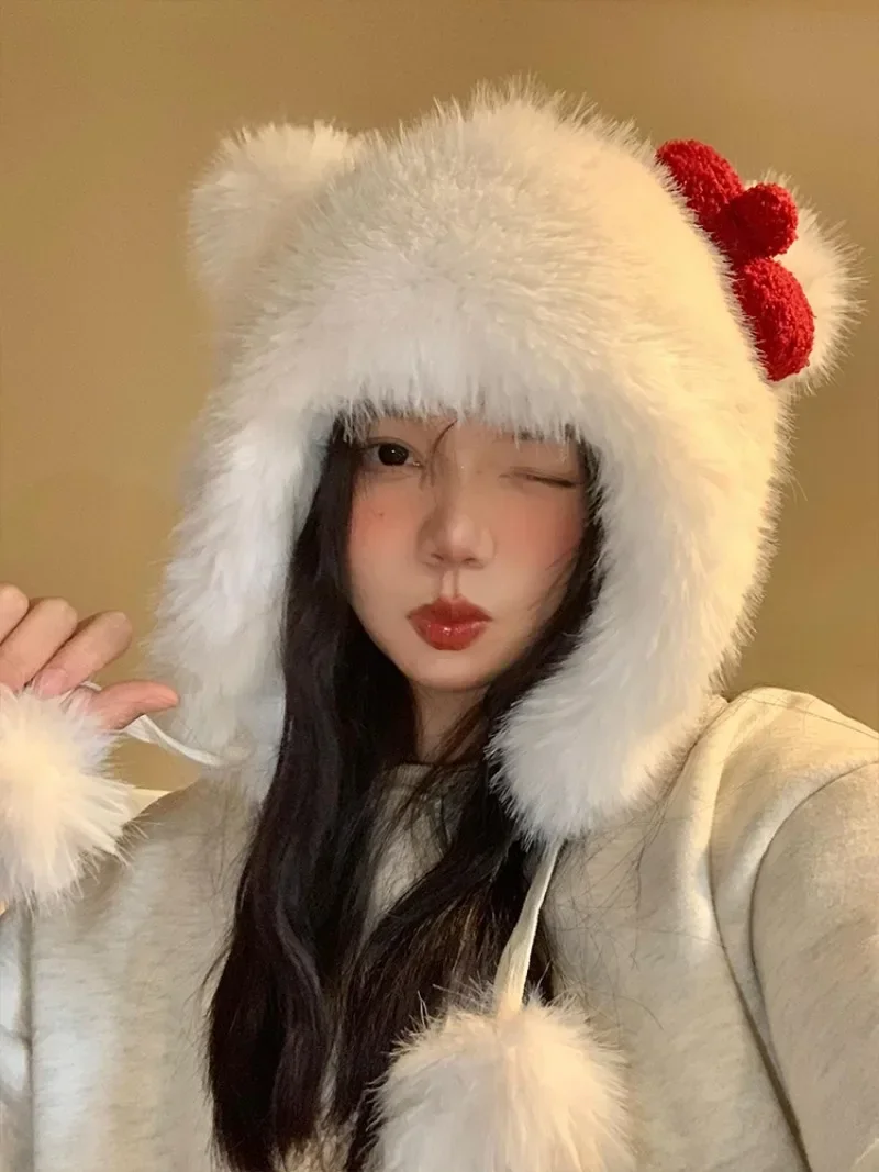 Korean Sweet Bow Plush Bear Hats for Women Show Face Small Autumn and Winter Warm Ear Protection Cute Pom-pom Strap Bomber Cap