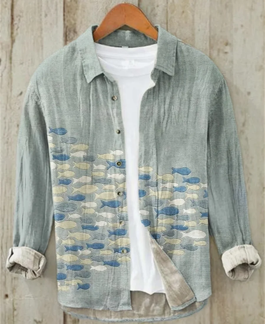 Men's retro casual shirt, fashionable and simple linen spring and autumn creative art print shirt, fast delivery - Image 6