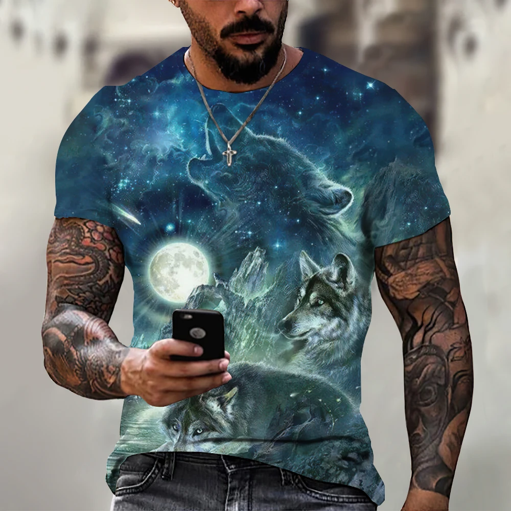 

2025 3D Casual Street Men's T-shirt Loose T-shirt Men's Retro Clothing Soft B Wolf T-shirt Men's Animal Printed Short Sleeve Top