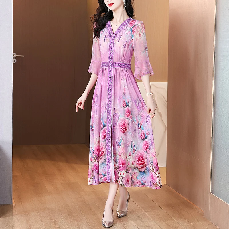 Summer Spring Holiday Boho Beach Hepburn Maxi Vestidos Women's Vintage Print Elegant Evening Prom 2025 Luxury Silk Midi Dress