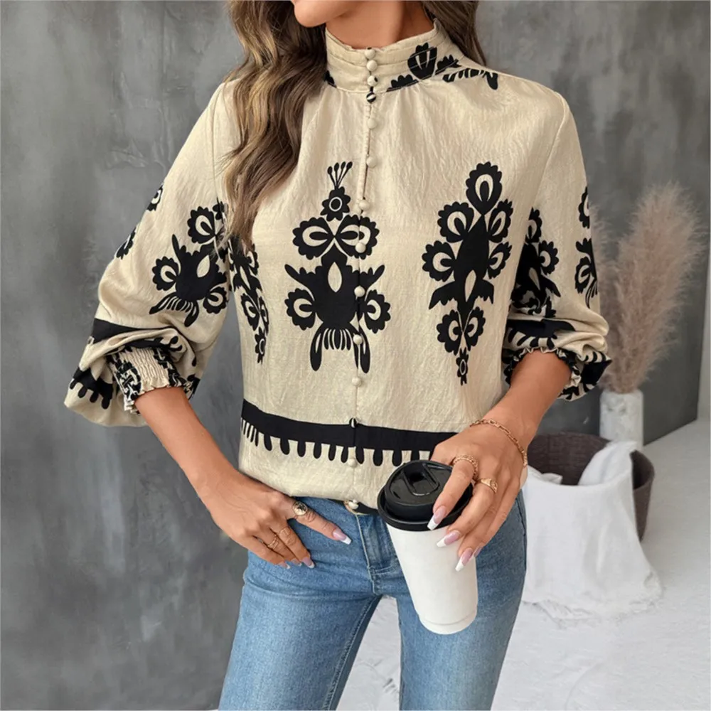 

Retro Lantern Sleeve Blouse Women 2025 New Autumn Button Open Collar Stand Up Collar Retro Ethnic Style Print Long Sleeved Shirt