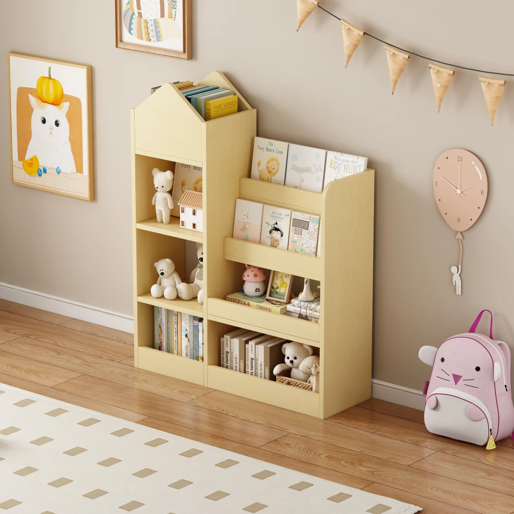 

Wood Kids Wooden Bookshelf Toy Storage Organizer with Bookcase, Kid's Bin Storage Unit with 6 Compartments 2 Baskets Bins Toys